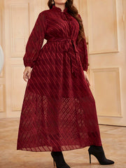  Women's Striped Lantern Sleeve Dress With Belt