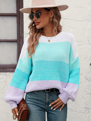  Colorblock Lantern Sleeve Round Neck Sweater