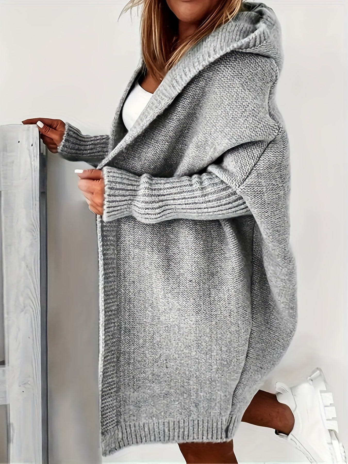  Open Front Batwing Sleeve Hooded Sweater Cardigan