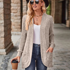  Ribbed Long Sleeve Open Front Cardigan With Pockets