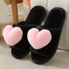 Plush Lined Heart Decor Slippers, Open Toe, Comfortable Indoor Shoes