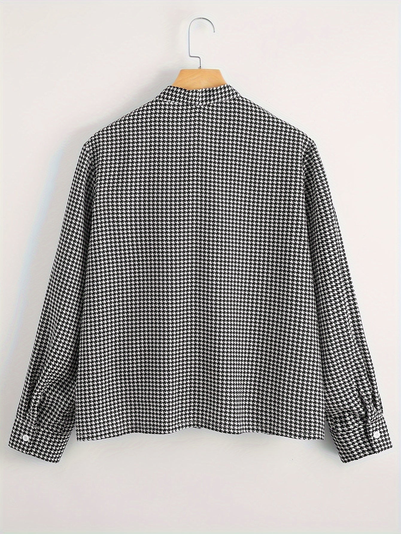  Houndstooth Print Bow Knot Blouse Long Sleeve Top
