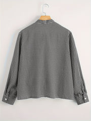  Houndstooth Print Bow Knot Blouse Long Sleeve Top
