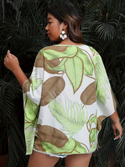  Leaf Print Bat Sleeve V Neck Top