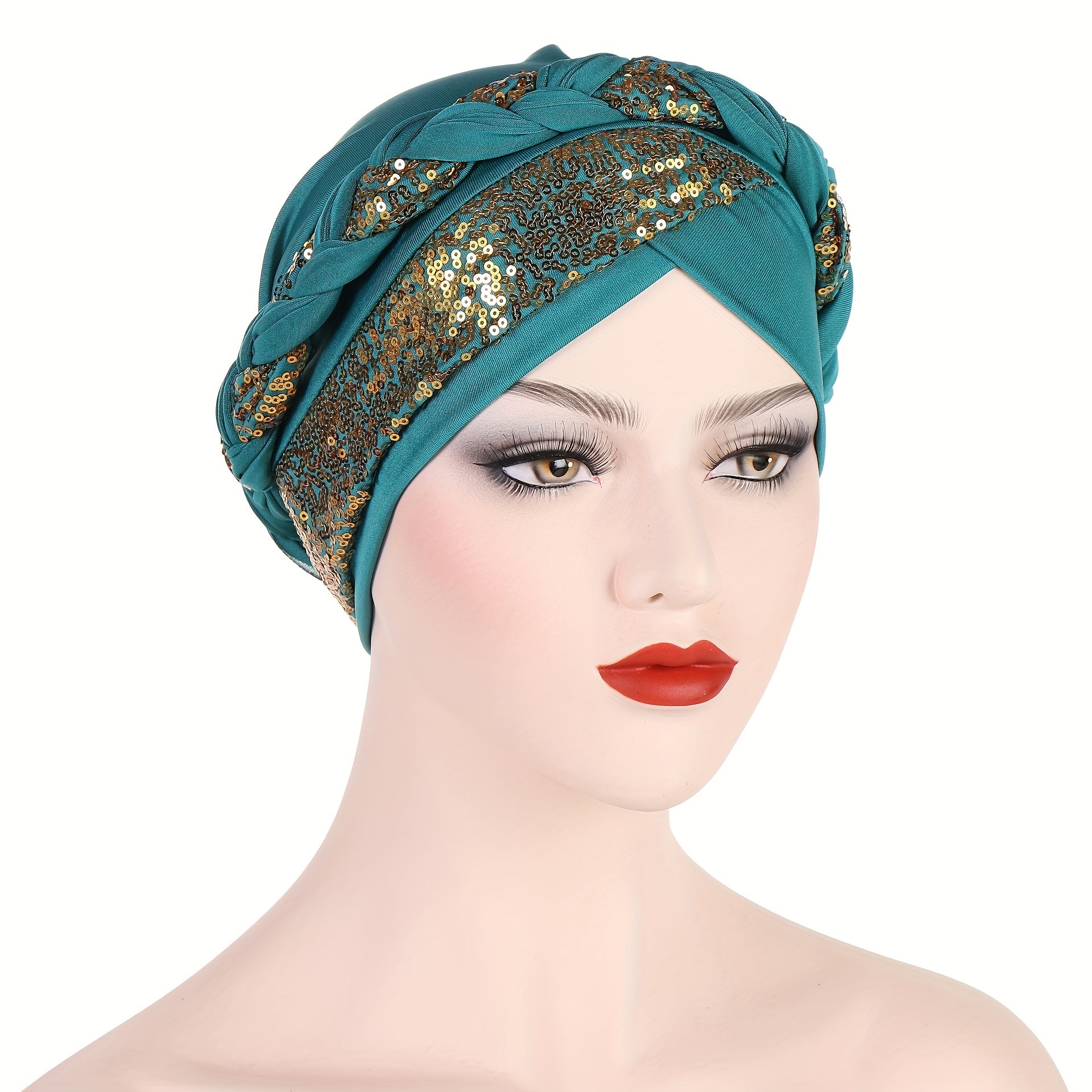 Sequin Decor Braid Turban Cap Boho Head Wrap Lightweight Beanie Women Hats