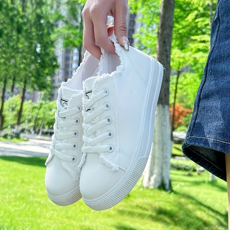 Women's Canvas Lace Up Low Top Sneakers - Casual Round Toe Flat Shoes