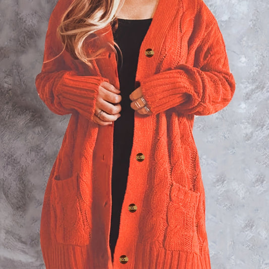  Solid Cable Button Long Sleeve V Neck Knit Cardigan