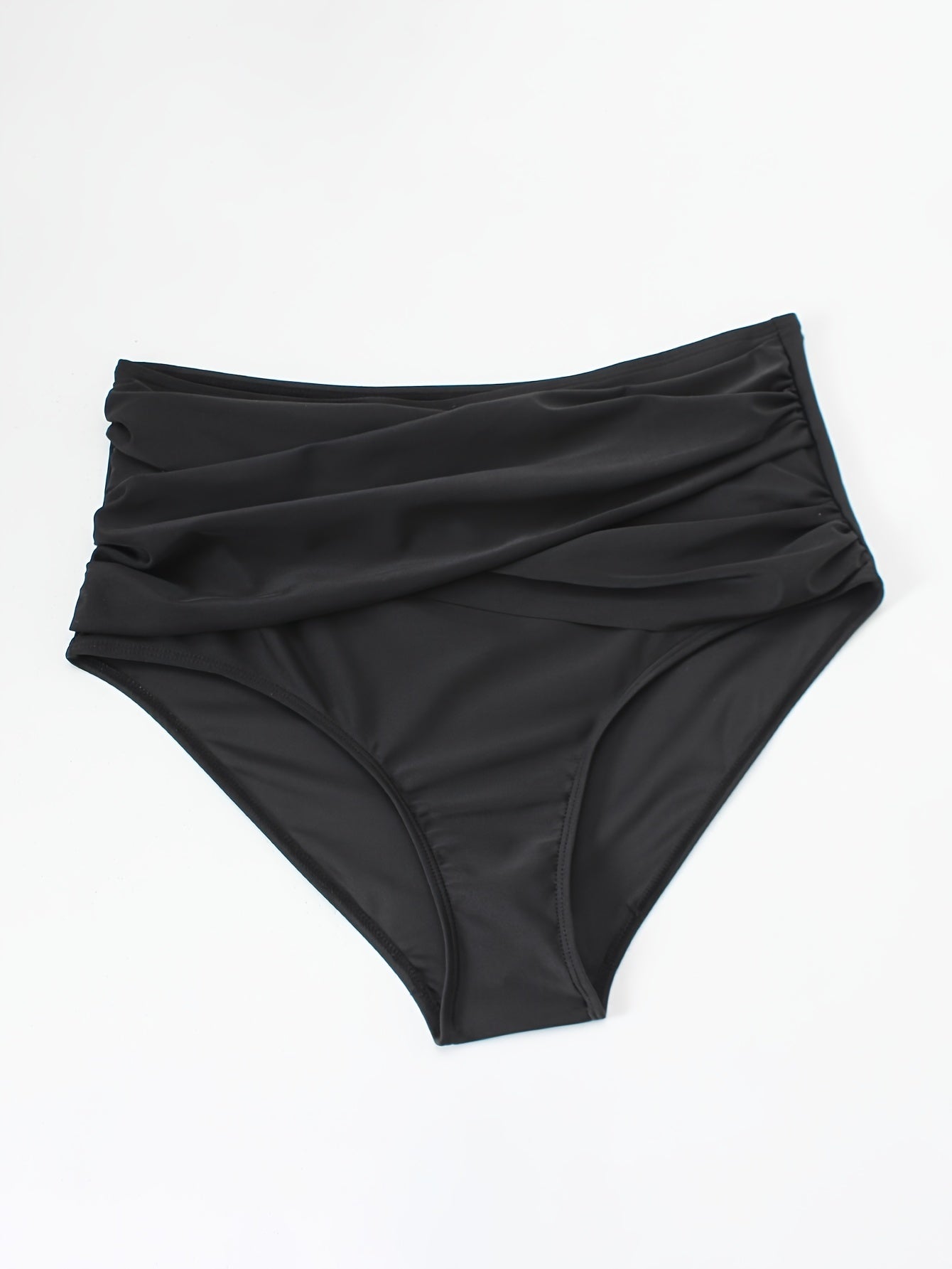 Solid Cross Front Ruched Tummy Control High Rise Swim Panty
