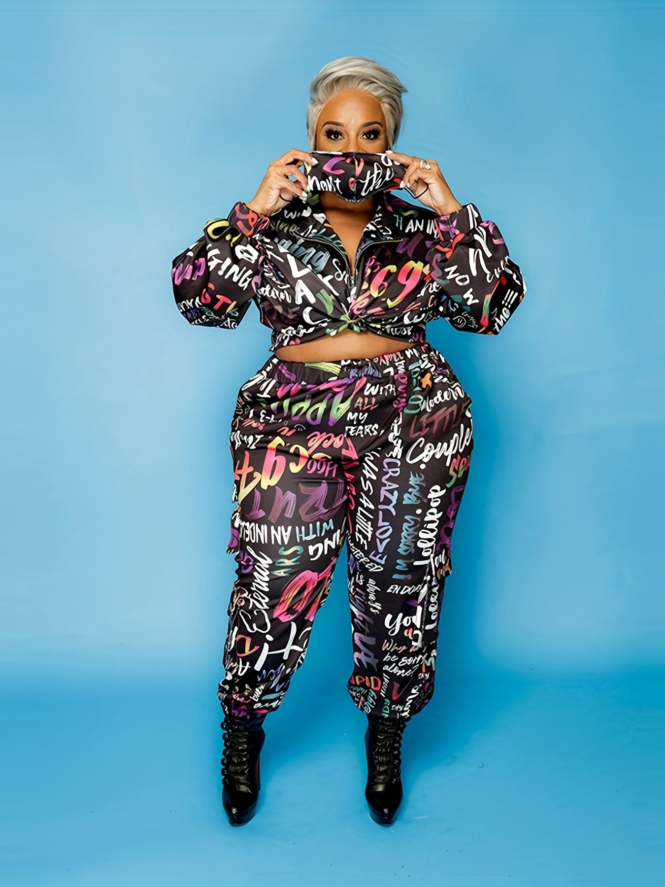  Graffiti Print Crop Top & Pants 2pcs Outfits