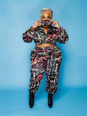  Graffiti Print Crop Top & Pants 2pcs Outfits