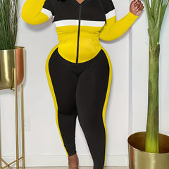  Colorblock Long Sleeve Hooded Zip Up Coat & Leggings Outfit Set