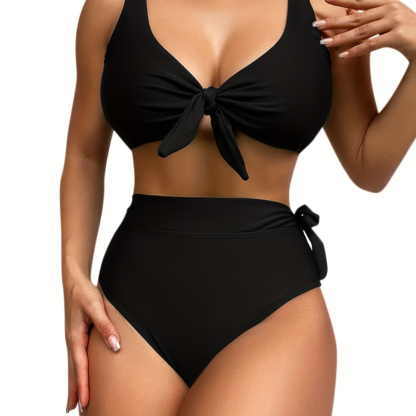 Bowknot Decor Swim Briefs High Strech Knot Solid Bikini Bottoms