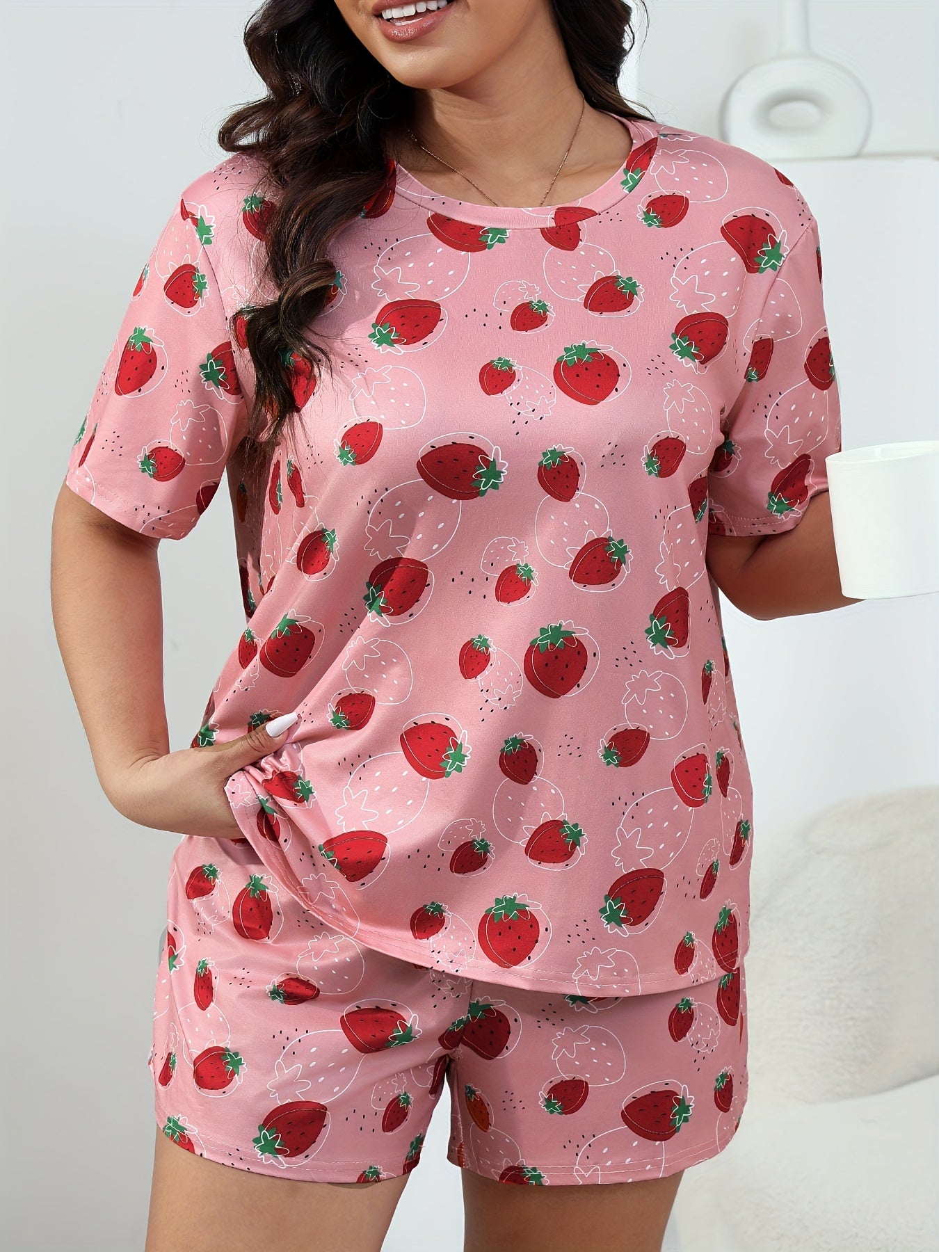  Strawberry Print T shirt & Shorts Pajama Set