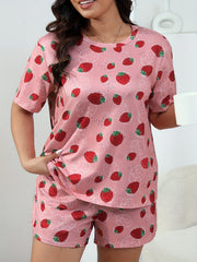  Strawberry Print T shirt & Shorts Pajama Set