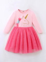 Girls Unicorn Cartoon Print Long Sleeve Tutu Dress