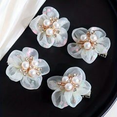 4pcs Girls Faux Pearl & Flower Hair Clip Set