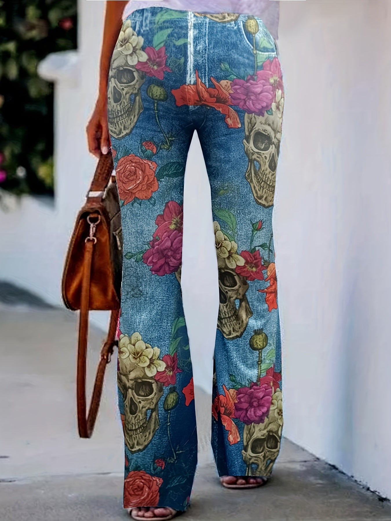  Denim & Floral Skull Print High Rise Flared Leg Pants