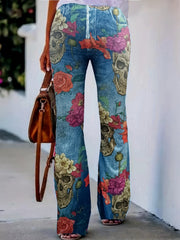  Denim & Floral Skull Print High Rise Flared Leg Pants