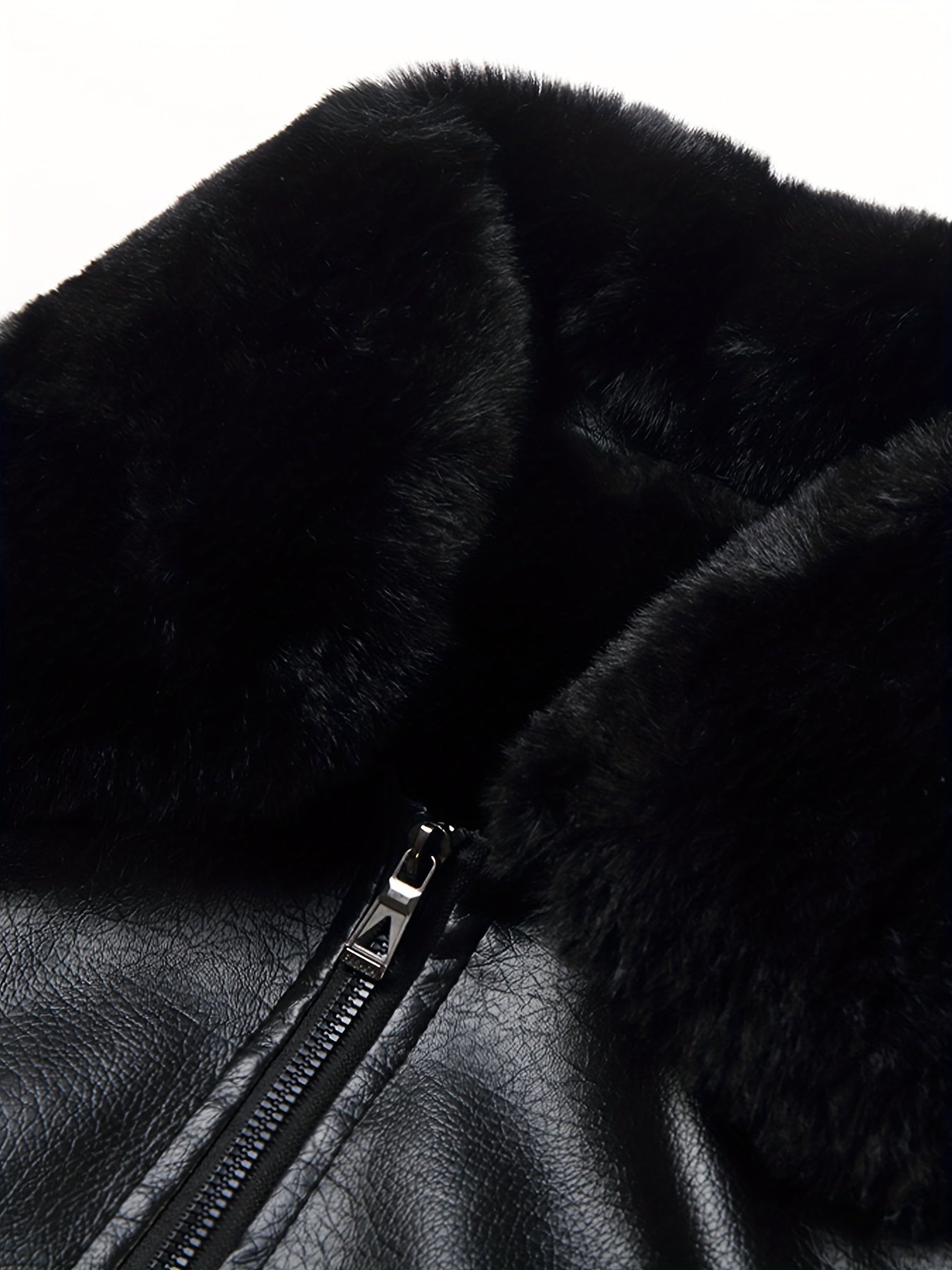 Men's Fleece PU Jacket Solid Zip-Up Fur Collar Faux Leather Fall Winter