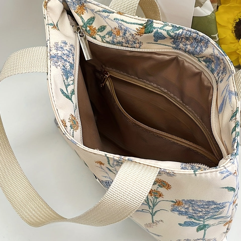 Floral Print Tote Bag Nylon Shoulder Handbag for Commuting & Traveling