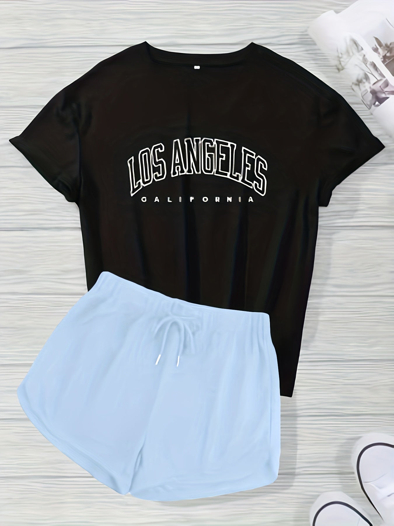 Letter Print Short Sleeve T shirt & Drawstring Waist Shorts Set