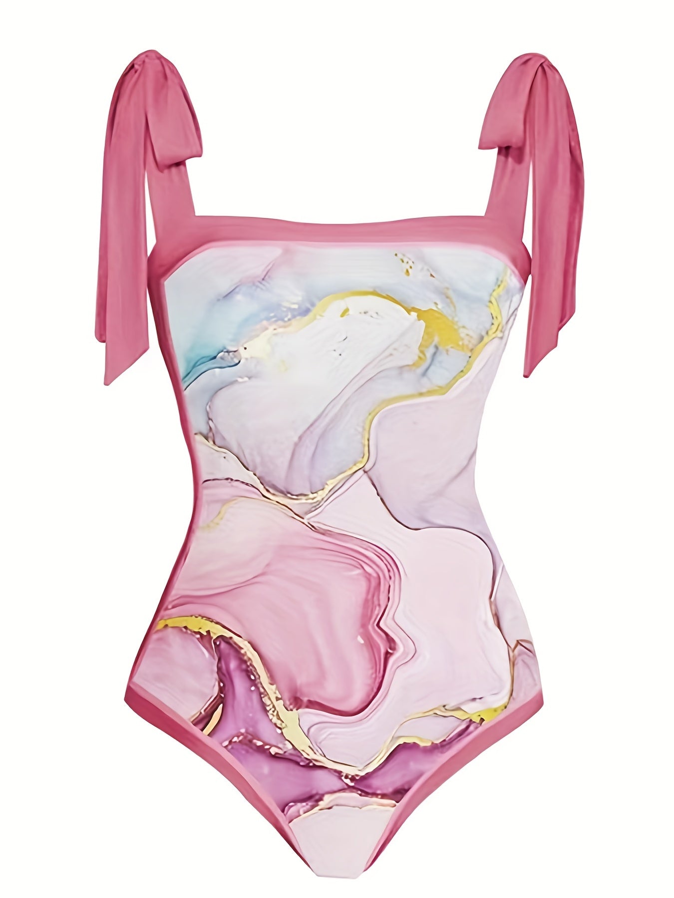 Pink Marble Print Tie Shoulder 2 Piece Swimsuit Set