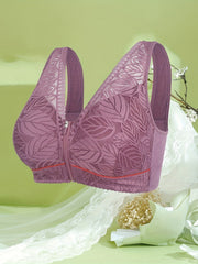  Leaf Jacquard Zipper Front Lace Bra