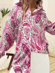 Boho Blouse Paisley Print Button Up Long Sleeve Blouse