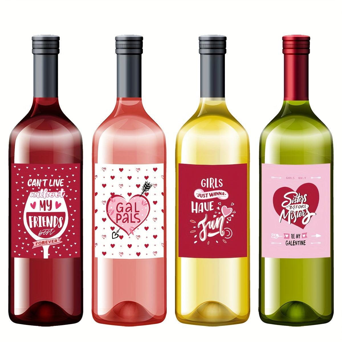 Galentine's & Waterproof Wine Bottle Labels Set of 10 Unique Glittered Stickers