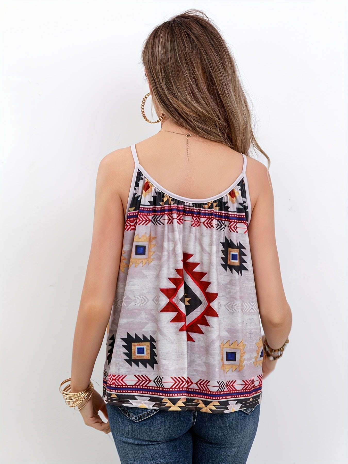  Boho Cami Geo Print Round Neck Vacay Top Women's