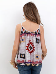  Boho Cami Geo Print Round Neck Vacay Top Women's