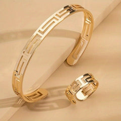 18K Plated Jewelry Set: Cuff Bangle Bracelet & Finger Ring Mother's Gift