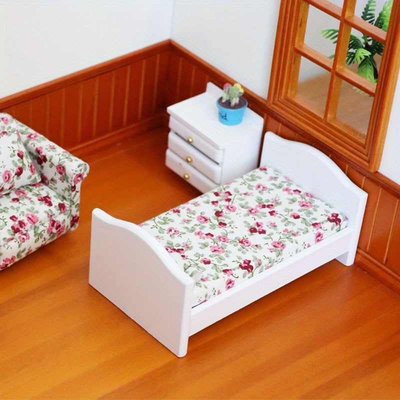 Charming Wooden Dollhouse Bed with Floral Pattern - Bunk Model for Kids