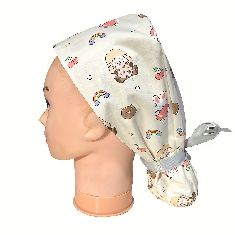 Cartoon Print Scrub Hats Cotton Work Cap Adjustable Nurse Hat Soft Working Hats