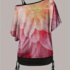  Floral Print One Shoulder & Solid V Neck Cami Top Set