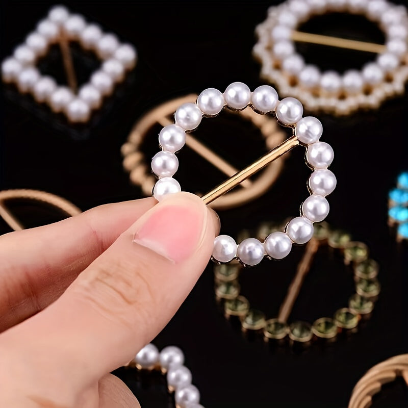 Faux Pearl Round Buckle Women Dress Scarf Pin Brooch