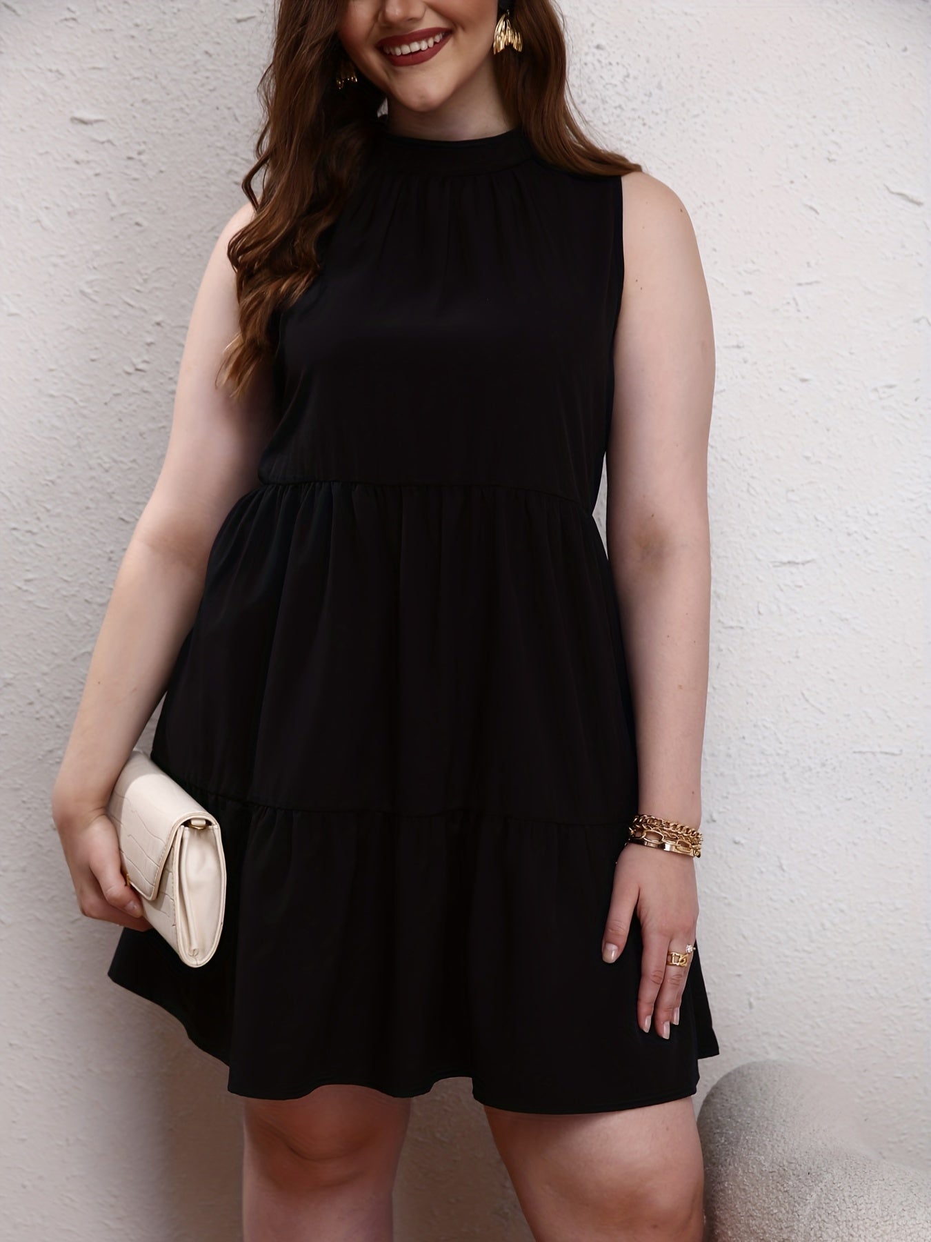  Casual Tank Dress Women's Plus Solid Halter Neck Keyhole Back Mini