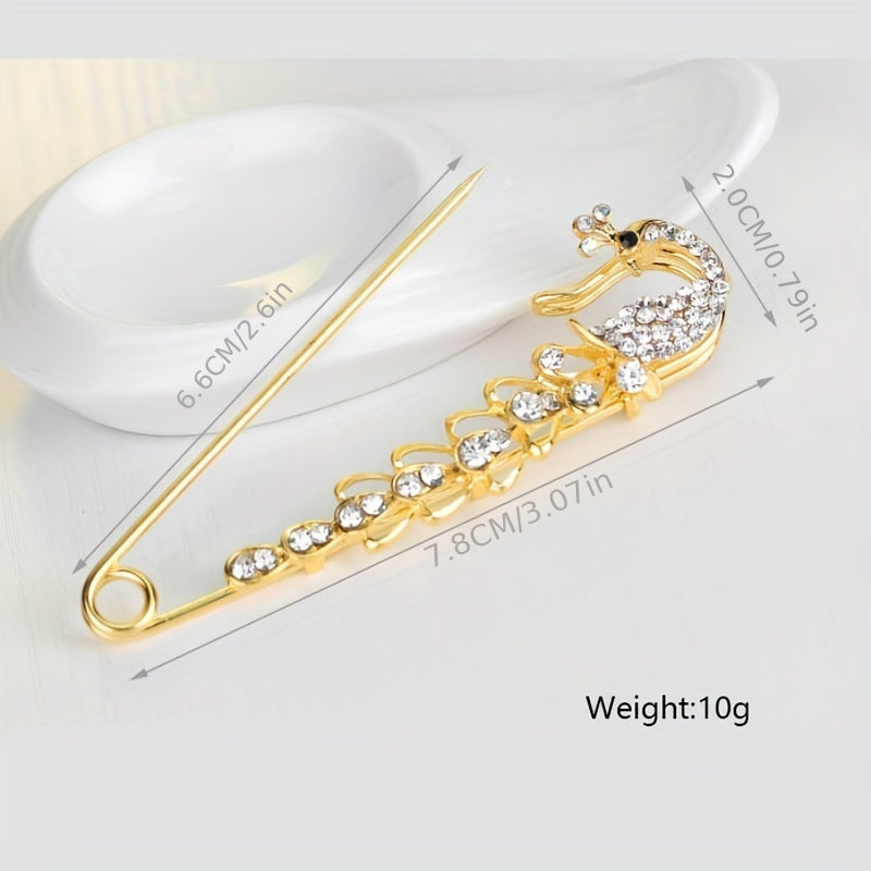 Men's Diamond Peacock Pin Brooch Golden Alloy Peacock