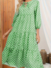  Boho Dress Women's Plus Allover Print Lantern Sleeve Tie Smock