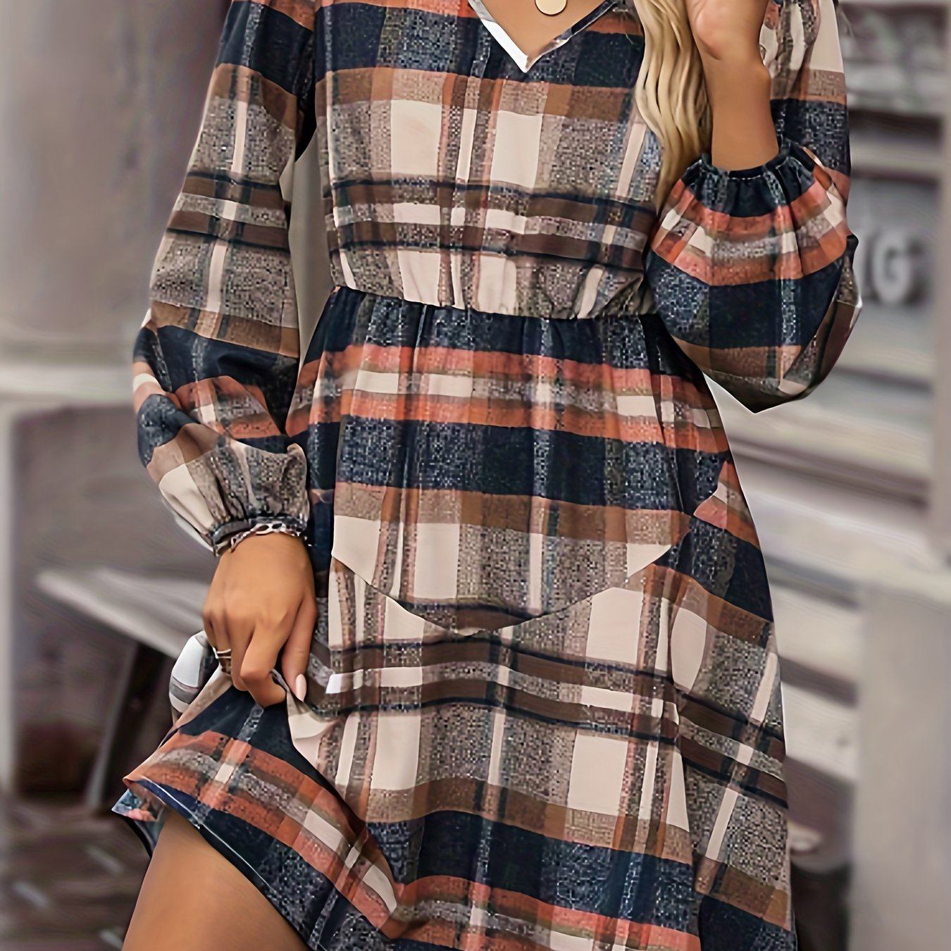  Plaid Print Long Sleeve V Neck Dress