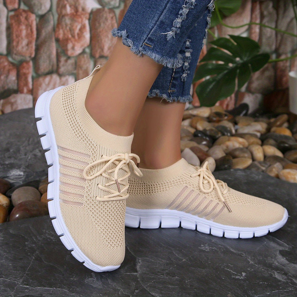 Women's Lace Up Knit Weaving Sneakers Breathable Mesh Running Shoes