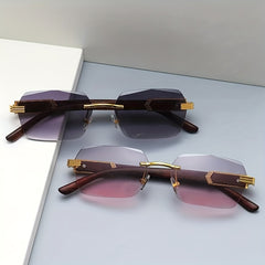 Men's Rimless Square Wood Grain Sunglasses UV400