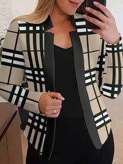  Plaid Print Long Sleeve Split Collar Blazer