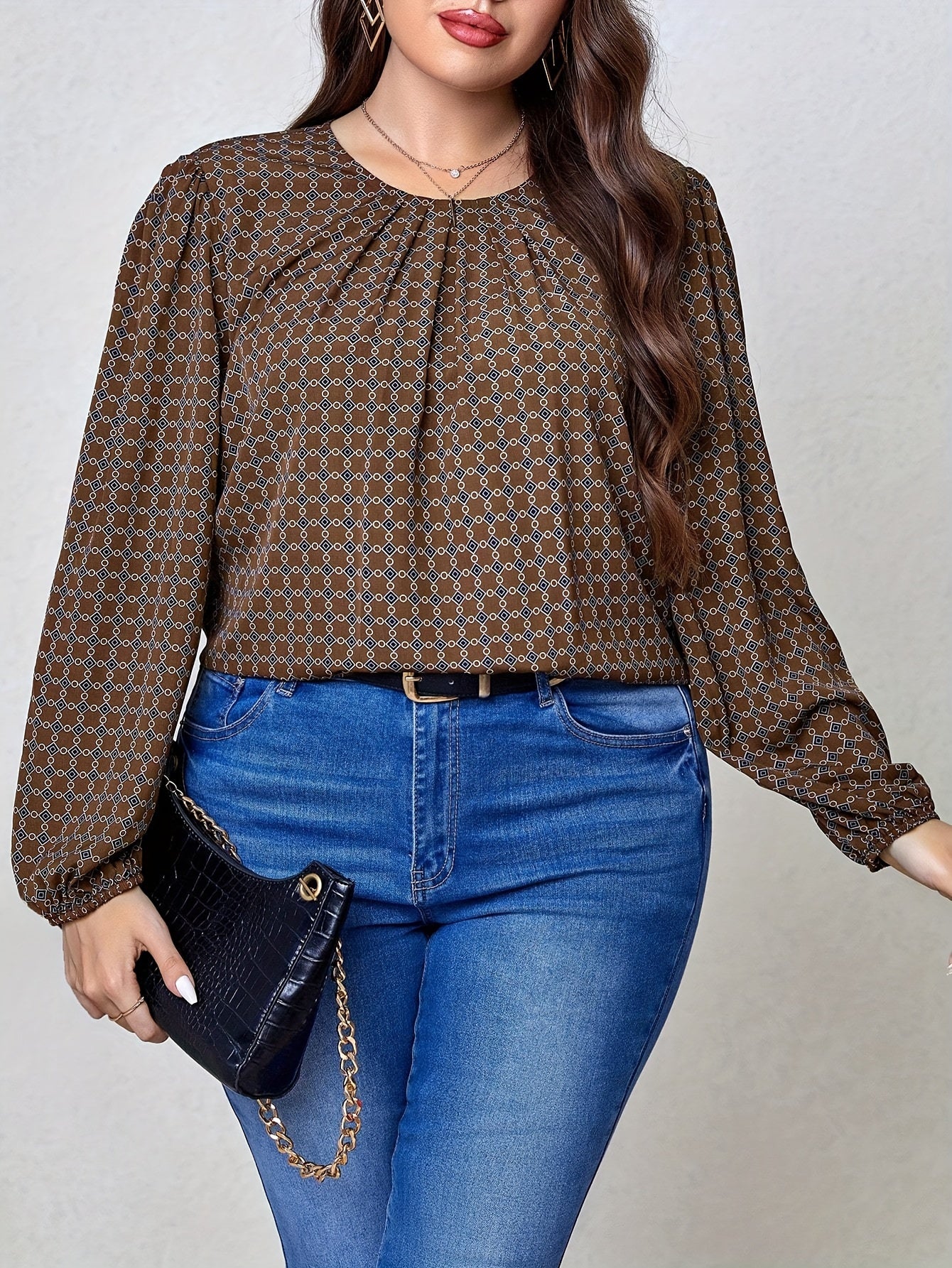  Casual Blouse Women's Plus Allover Print Lantern Sleeve