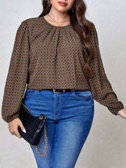  Casual Blouse Women's Plus Allover Print Lantern Sleeve