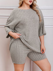  Solid Short Sleeve Ribbed Knit Top & Shorts 2 Pc Set