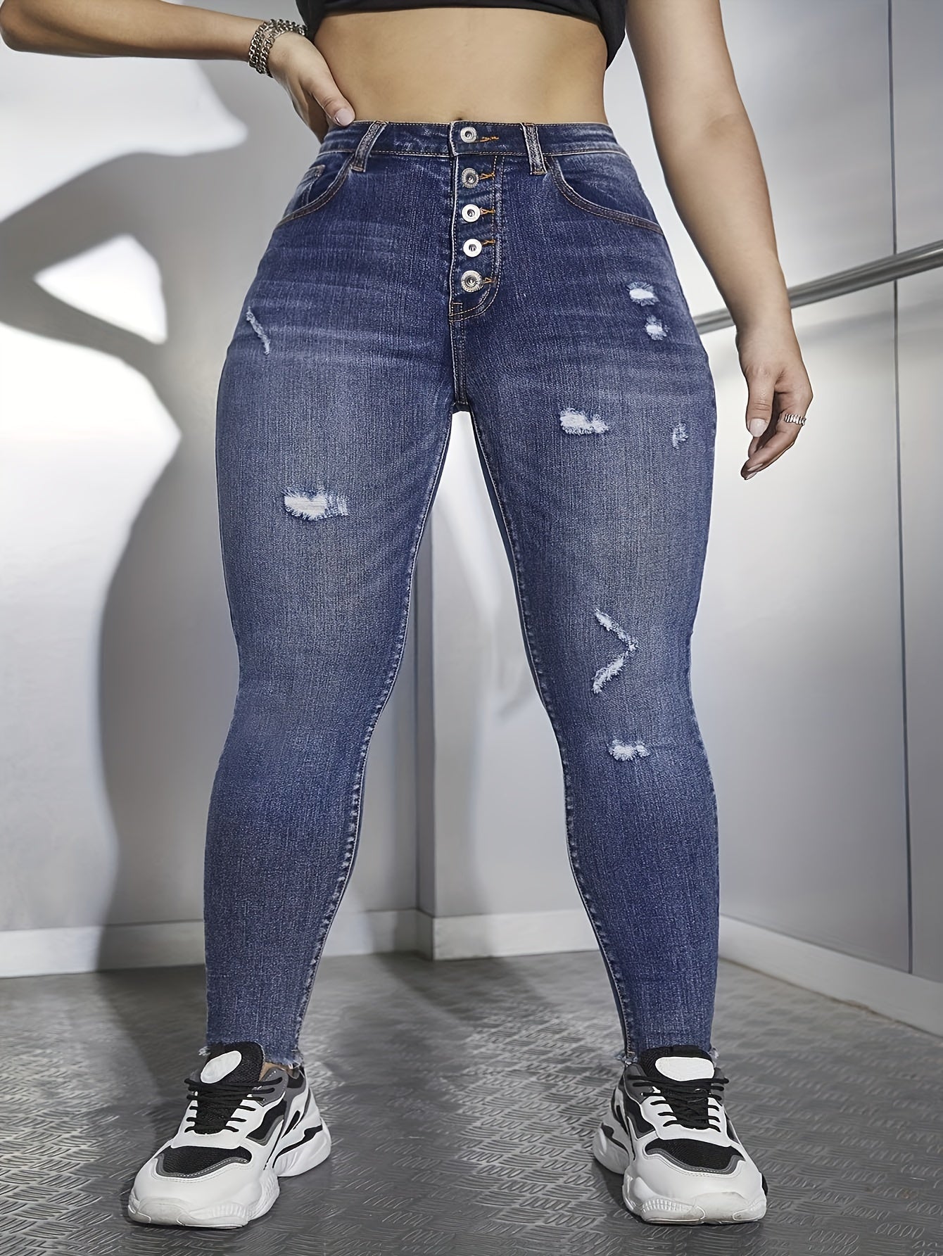  Washed Ripped Fringe Trim Skinny Jeans
