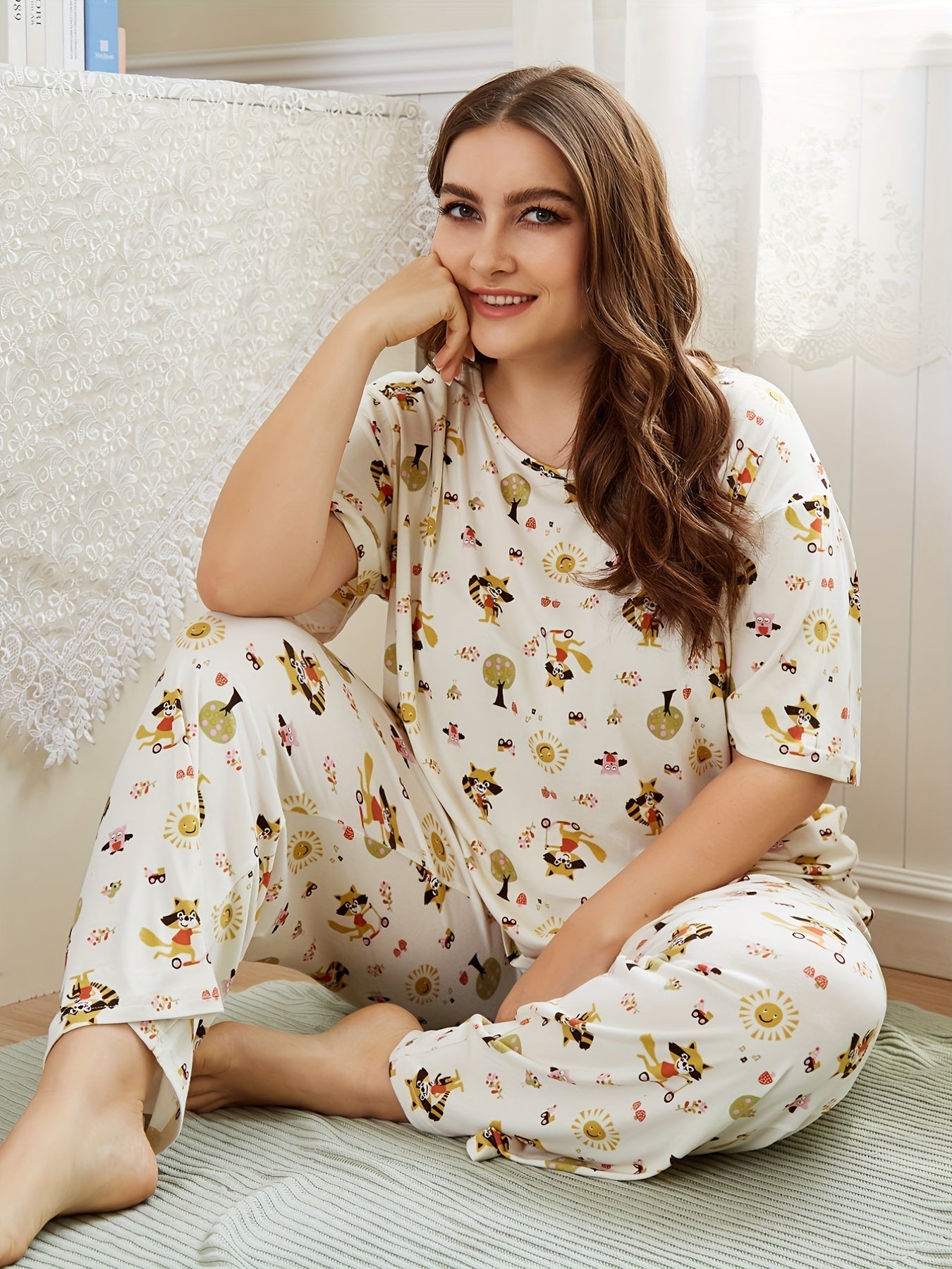  Women's Fox & Trees Print Pajama Set Short Sleeve Top & Pants