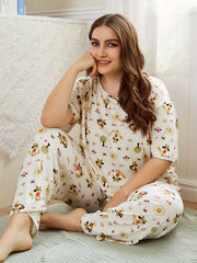  Women's Fox & Trees Print Pajama Set Short Sleeve Top & Pants