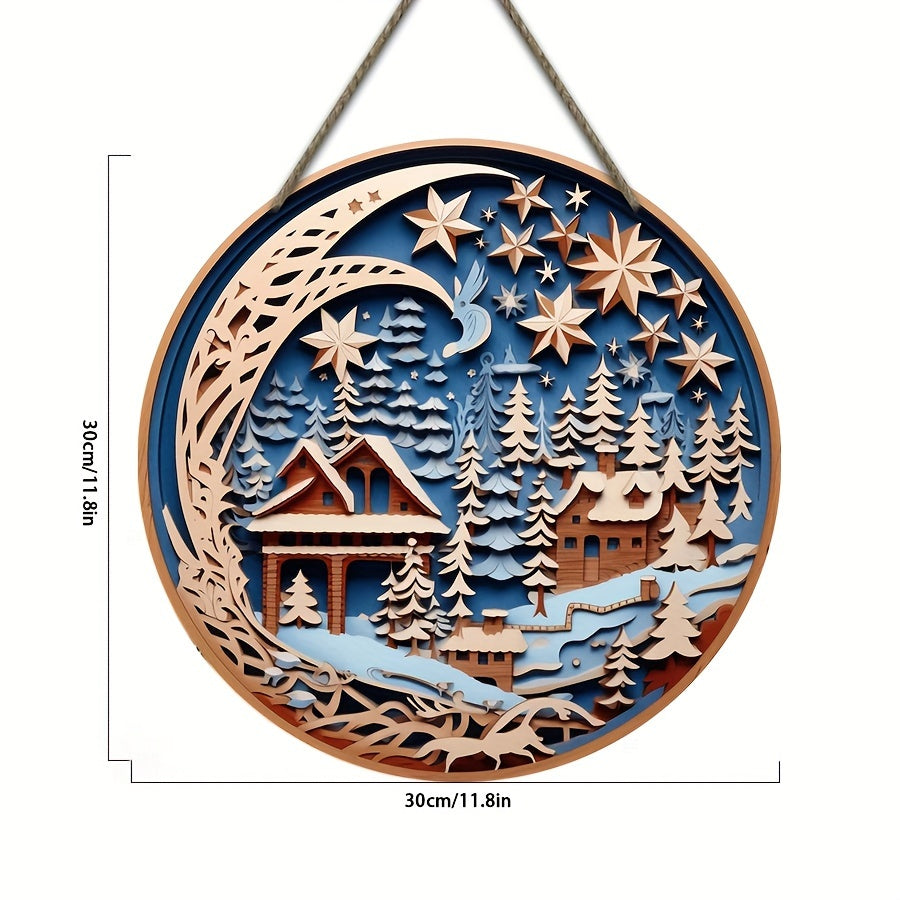 Xmas Door Hanging Starry Sky Village Night Scene Signboard Decoration